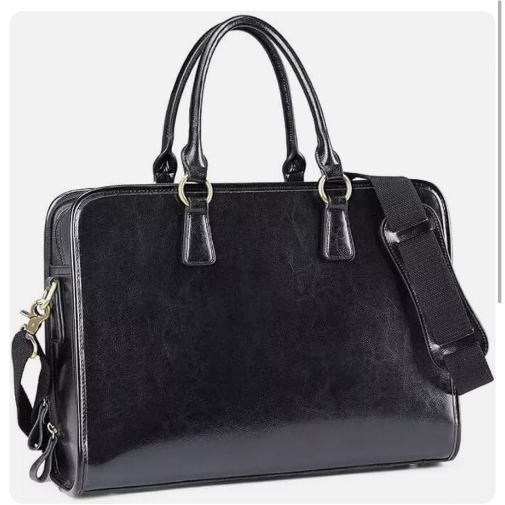 Kattee large black leather briefcase w/ adjustable strap